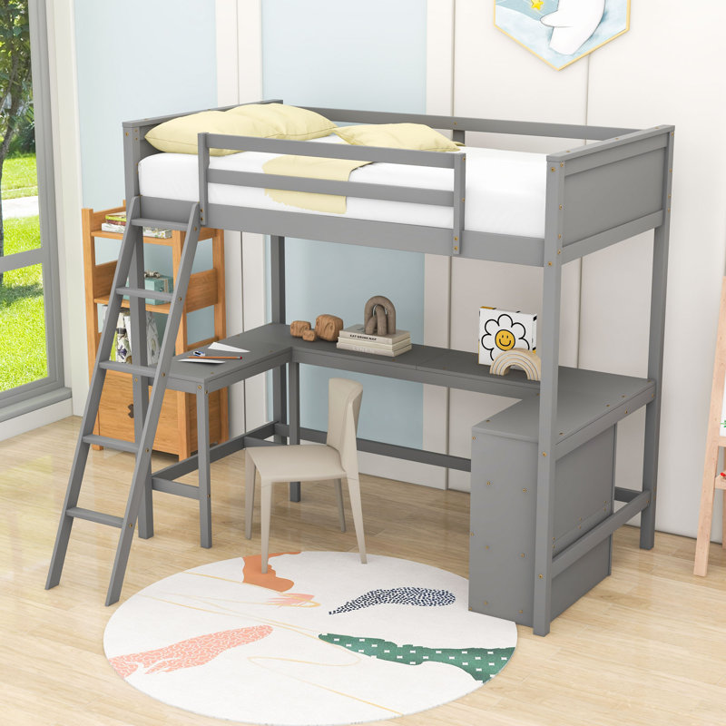 Lit mezzanine simple avec bureau, tablettes et garde-corps, Gris