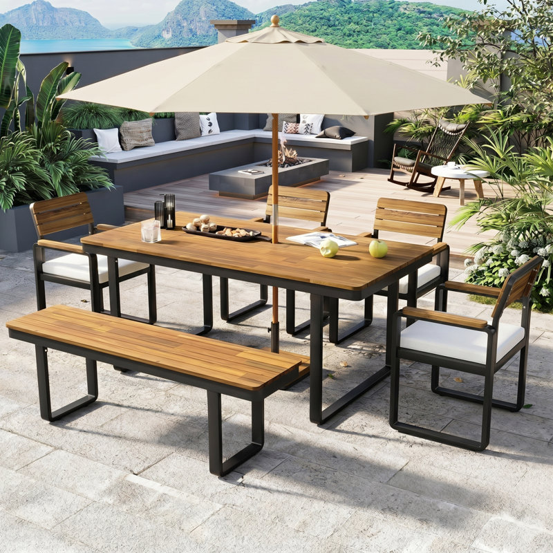  Ensemble de salle à manger 6 pièces en bois d'acacia massif avec structure en acier et chaises coussinées beige