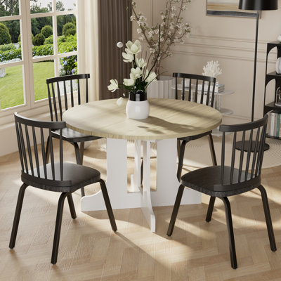 Farmhouse Expandable Round Oval Dining Set with Mid-century Windsor Chair Set by Lark Manor