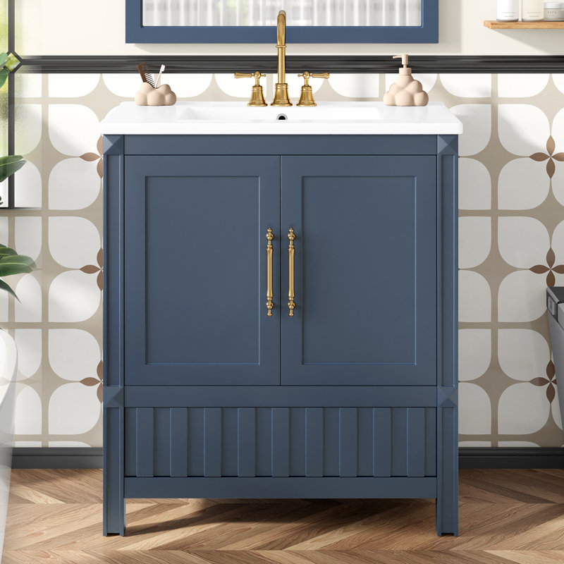 Multifunctional Blue Vanity And Sink, Solid Wood & Mdf, Modern Bathroom Storage