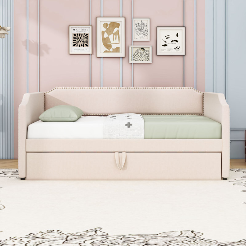 Twin Upholstered Daybed with Twin Trundle and Slats, Beige