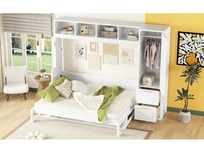 Lit escamotable Murphy avec placard et tiroirs, Blanc, Grand lit
