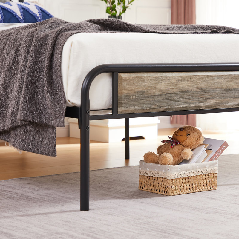 Kempst Twin Size Bed Frame with Wood Headboard and Footboard, Industrial Rustic Twin Metal Platform Bed with Heavy-duty Slats Support, No Box Spring Needed, Slate Gray