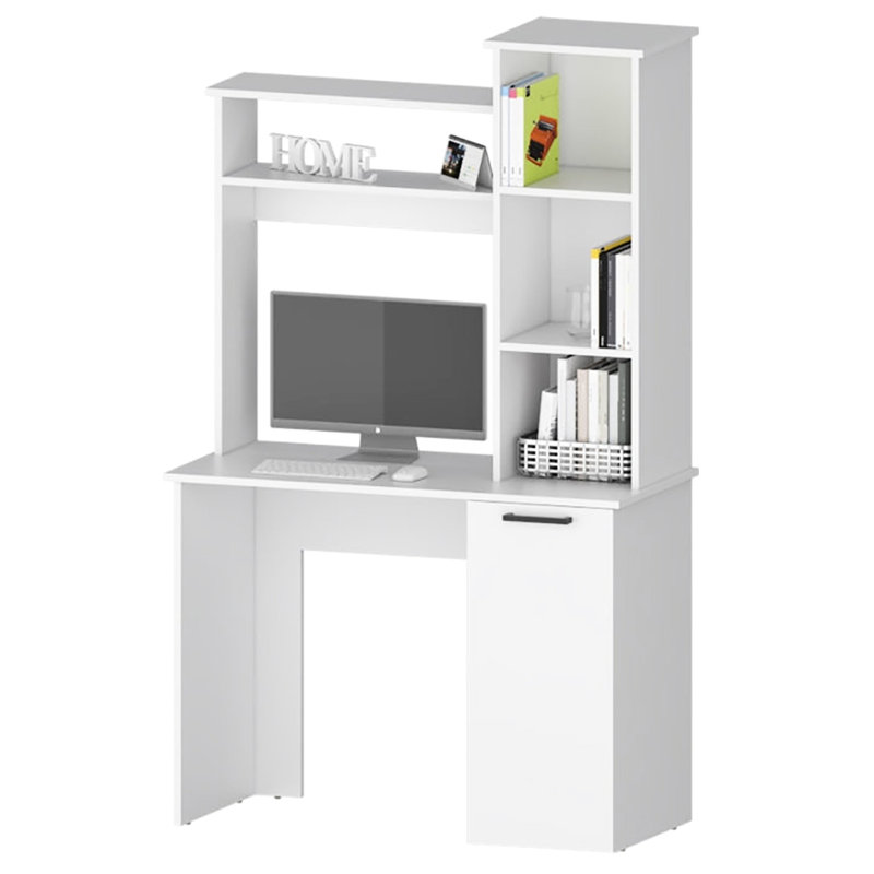 Bureau d'ordinateur blanc avec 3 tablettes et rangement optimisant l'espace