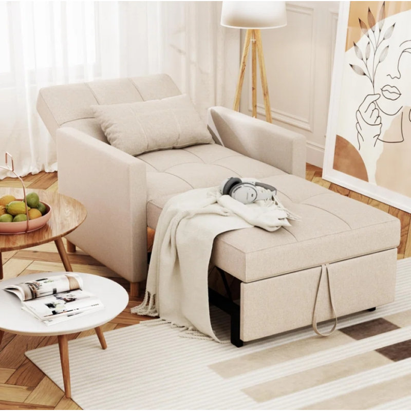 Beige Linen Convertible Sleeper Chair with Adjustable Backrest