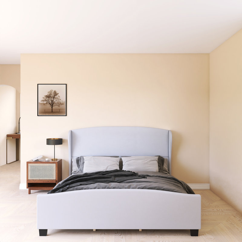 Wood Frame Platform Bed with Headboard Wingback, Gray, KIng