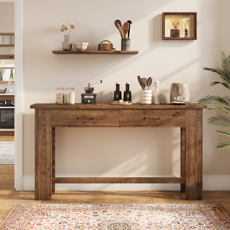 Console 63 po en bois massif, table d'entrée avec 2 tiroirs