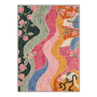 Verdant Floral Machine Washable Green / Pink / Blue / Yellow / Orange Indoor Area Rug with Non-Slip Backing