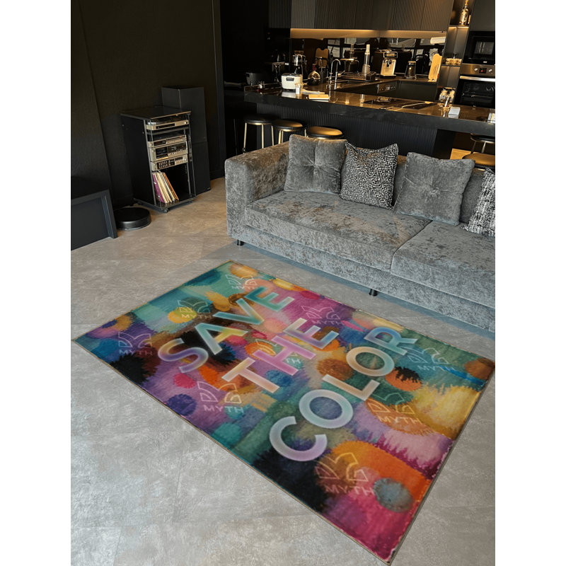 Tapis multicolore à motifs textuels «Save The Color» de la collection Écrite, Rectangle 4 pi 11,06 po x 7 pi 6,55 po