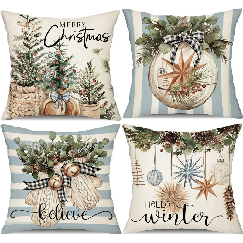 Housses de coussin de Noël 18 x 18 pouces, ensemble de 4 gants de sapin de Noël Hello Winter, Bleu / blanc