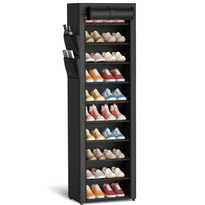 Shoe Rack - 10-Tier Large Capacity Shoe Organizer Shelf with Dust Cover & Side Pockets, Rust-Proof Metal Shoe Rack for Closet, Entrance, Living Room, 17.5" x 12.4" x 69.3", Black