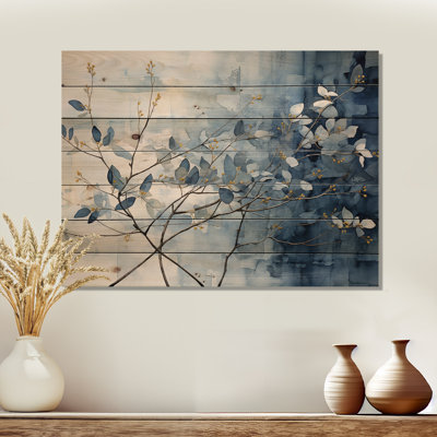 Bleu et gris, laissez sur branche I - feuilles, art mural sur bois de pin naturel