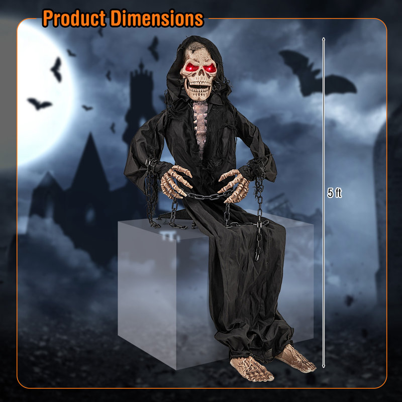 Figurine animée d'Halloween animatronique squelette animée assise d'Halloween avec yeux illuminés