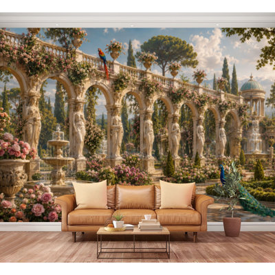 Wall Mural Peel and Stick Wallpaper Classical Garden Arches Statues Peacocks Floral Landscape Vintage Self-Adhesive Removable Contact Paper Wall Decor for Living Room Bedroom 100"H x 144"W