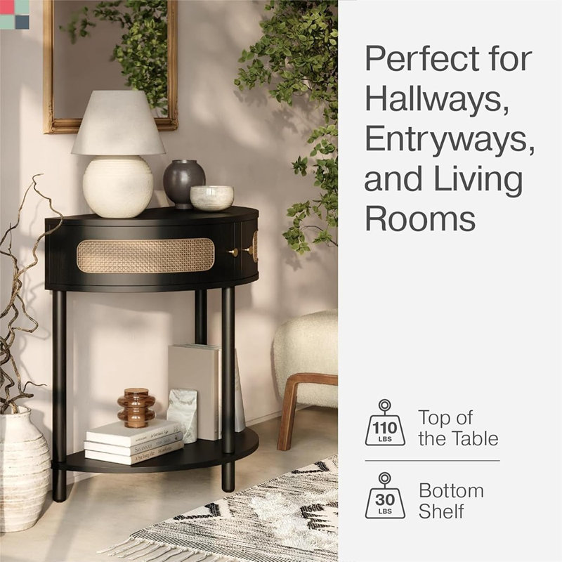  Rattan Half Moon Small Entry Table, Console Desk With Storage For Narrow Spaces, Modern Home Decor, Cane Console Table, Solid Wood Entryway Desk With Two Doors And Brass Knobs (black Oak)