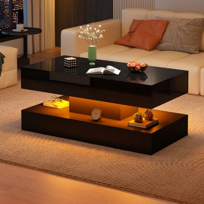 39.4” Modern High Glossy LED Coffee Table with 2 Storage Drawers, APP Control RGB Light, Waterproof & Scratch Resistant MDF Living Room Center Table