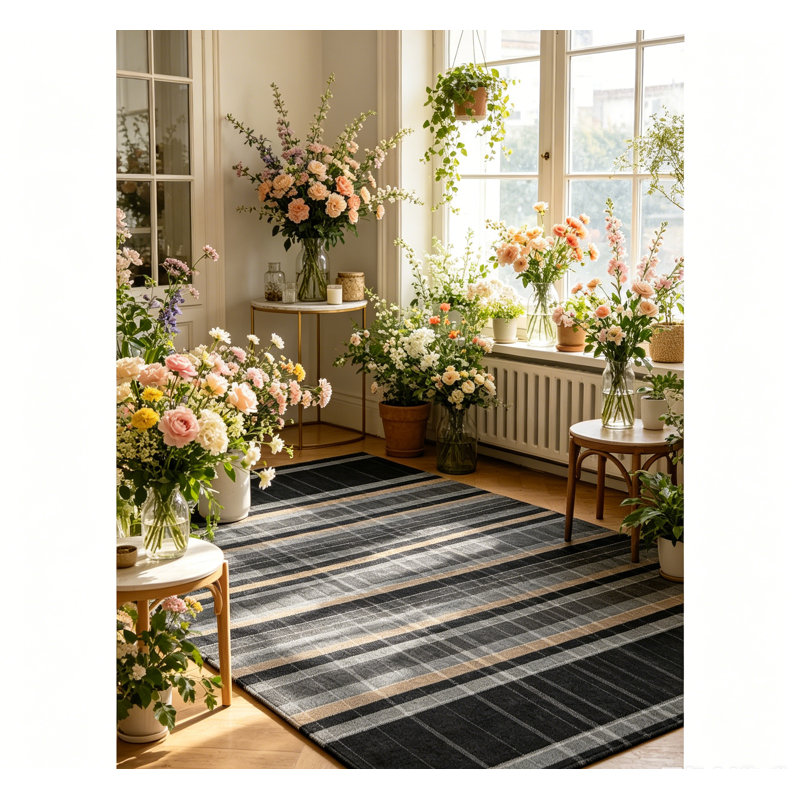 Tapis à motif écossais ultra mince et lavable, Noir, Rectangle 72 po x 48 po