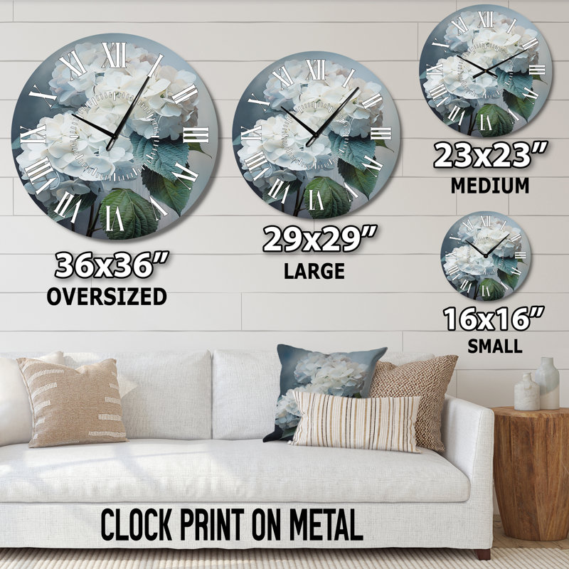 Horloge murale blanche avec hortensias blancs, Surdimensionné