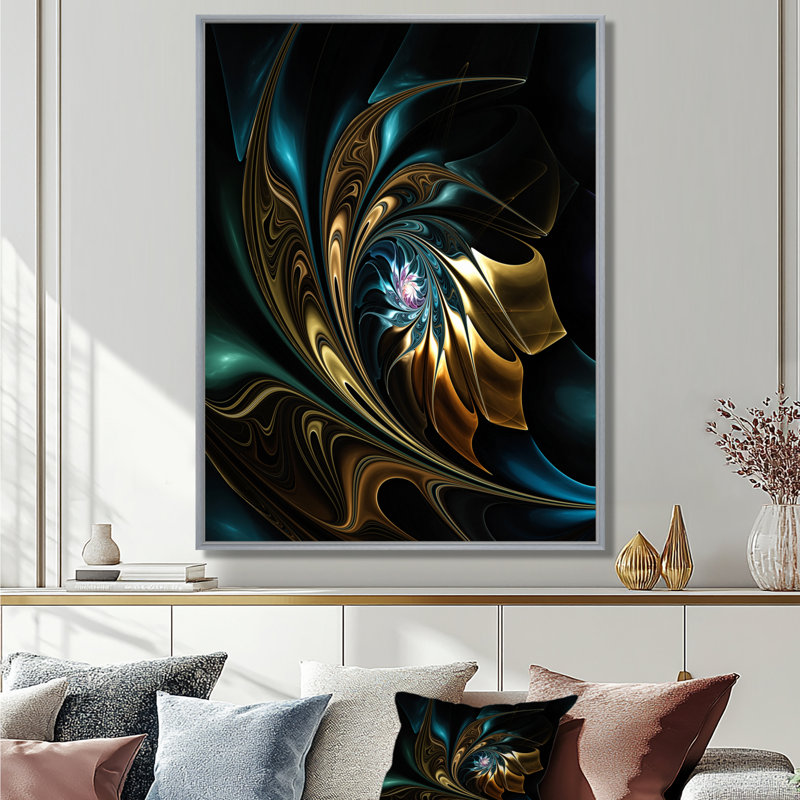 Fleur noire dorée moderne - art mural fleur fractale, impression avec fleur noire, H 40 po x l 30 po, Cadre flottant, Argent