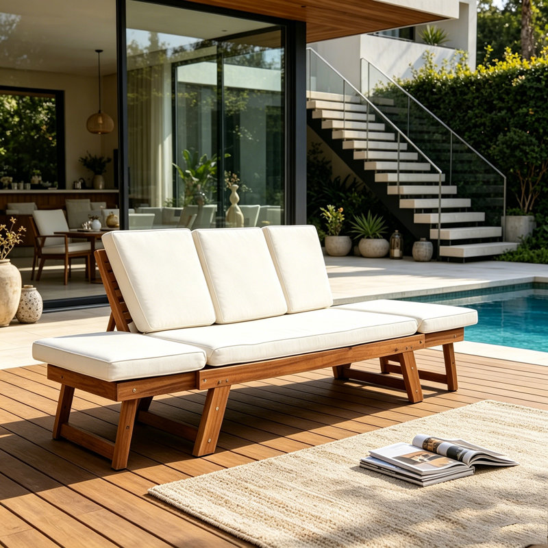 Outdoor Adjustable Patio Wooden Daybed Sofa Chaise Lounge with Cushions, Natural+Beige