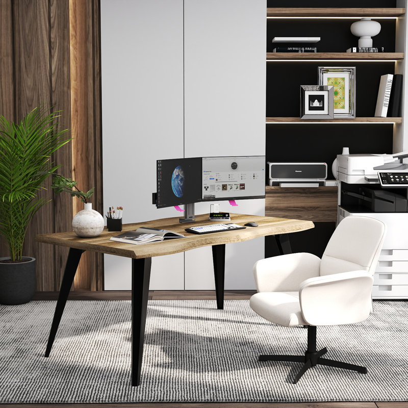 Modern Home Office Desk and Swivel Chair Set – 63" Desk Top with Wave Edge & Adjustable Fabric Upholstered Chair