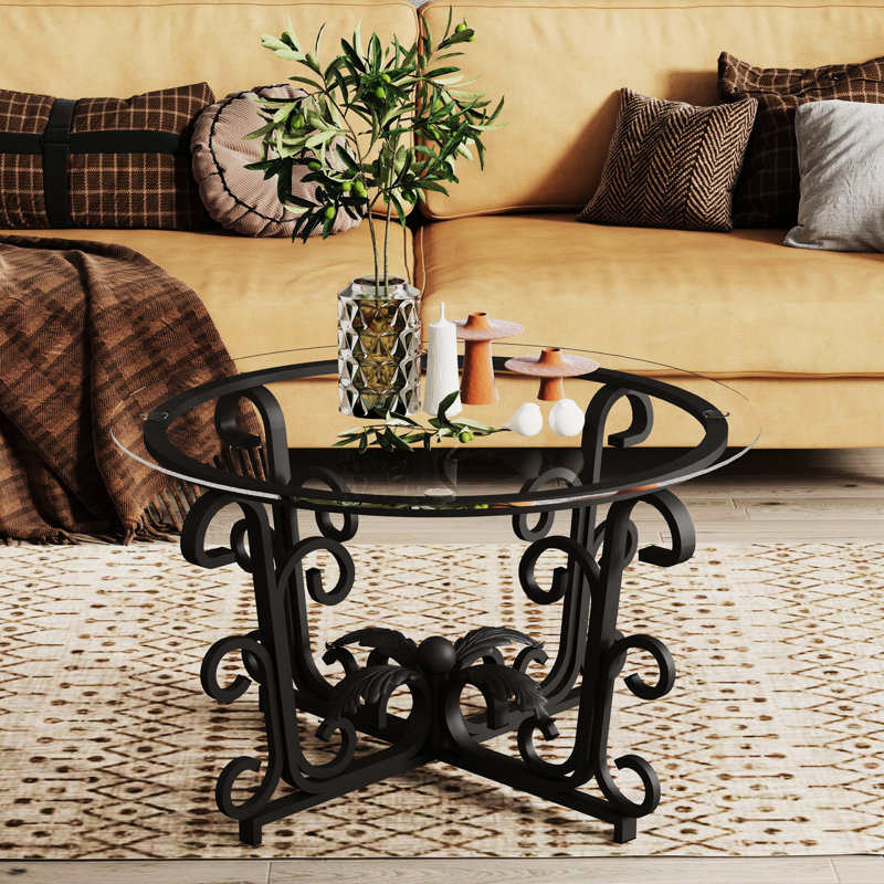 Table basse 3 pièces en verre trempé rond rustique noir, pour le salon, configuration multifonctionnelle, design rétro américain avec surface et décor