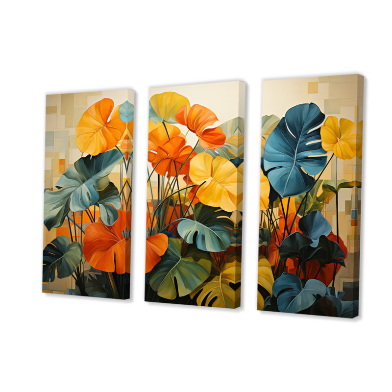 «Orange Green Tropical Plants II» sur toile, reproduction de 3 pièces, H 32 po x l 48 po x P 1 po