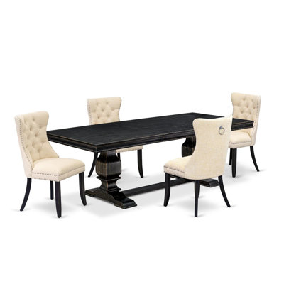 Cet ensemble de cuisine de 5 pièces se compose d'une table à manger en bois et de 4 chaises de salle à manger en tissu de polyester beige clair avec dossier capitonné à boutons - finition noire sablée.