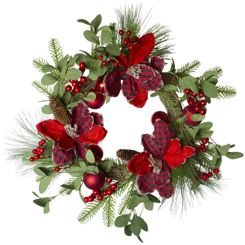 Couronne de Noël artificielle Magnolia et baies rouges - non éclairée 22 pouces