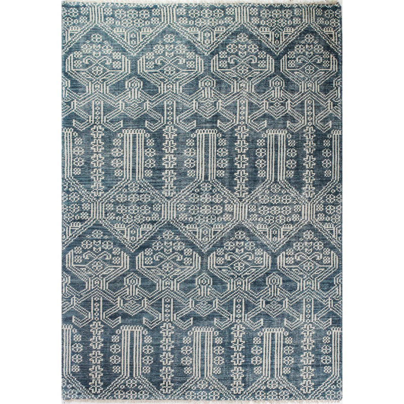Azure Blue Hand-Knotted Wool Rectangular Rug 3'6" x 5'6"