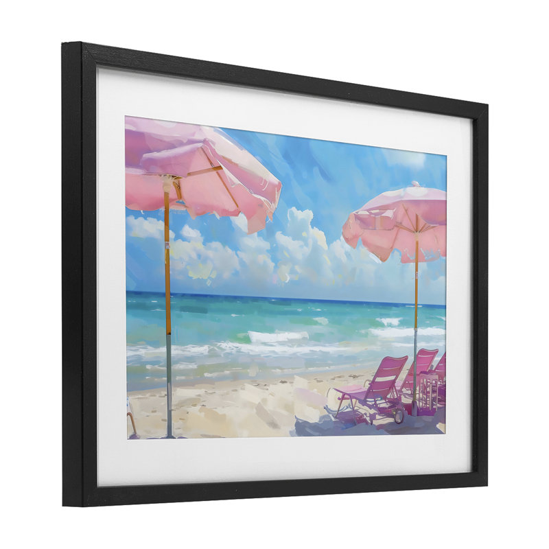 «Pink Paradise Beach Umbrellas», reproduction sous verre encadrée, design par LSR Design Studio, H 17 po x l 23 po