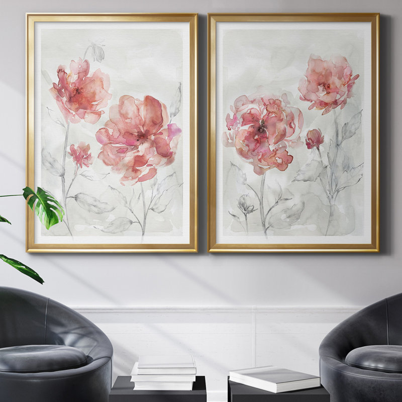 «Blush Botanical I», ensemble de 2 reproductions d'art, H 22,5 po x l 61 po x P 1,5 po, Pas de tapis, Toile encadrée dorée