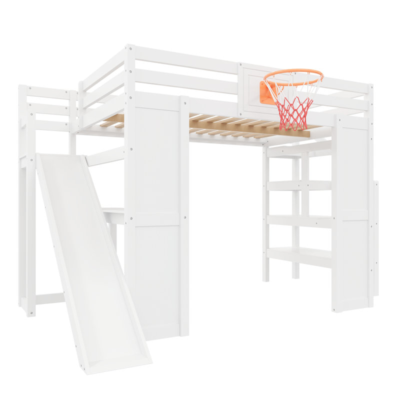 Full Size Wooden Loft Bed with Built-in Desk, Slide, Basketball Hoop & Staircase with Storage, White, White