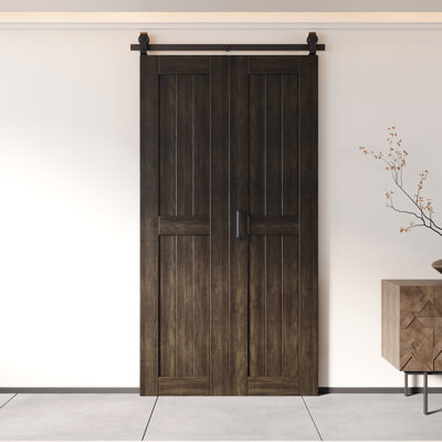 Homacer 80“ High Unassembled & Finished Ebony Barn Door, Two 20" x 80" Doors with Bi-Fold Top Mount Hardware Kit