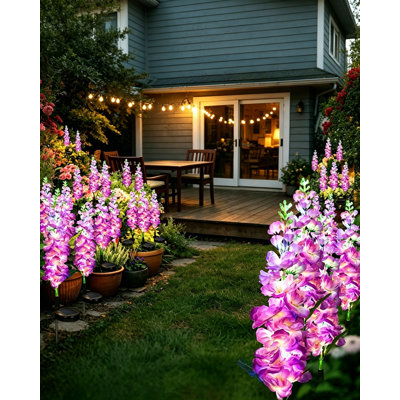 Solar Delphinium Lights 8-12H Long Runtime - Fleurs artificielles réalistes, lumières de jardin extérieures étanches IP65, hauteur et angle réglables, pour pelouse, patio, cadeau commémoratif de la fête des Mères