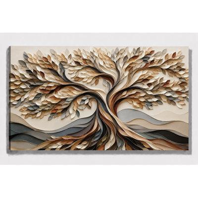 Grand arbre 3D, reproduction d'art sur toile, art de la nature neutre, décor de ferme moderne pour salon, impression sur toile 24 x 36 pouces - prête à être accrochée