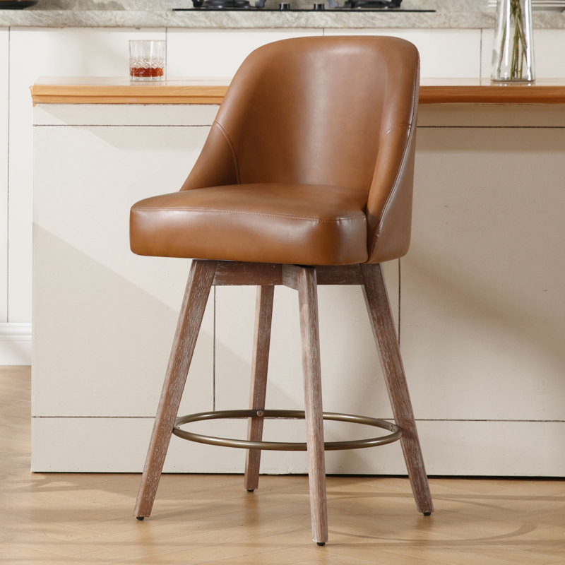  Tabouret de comptoir pivotant 26 po avec structure en bois massif Klayden, Brun