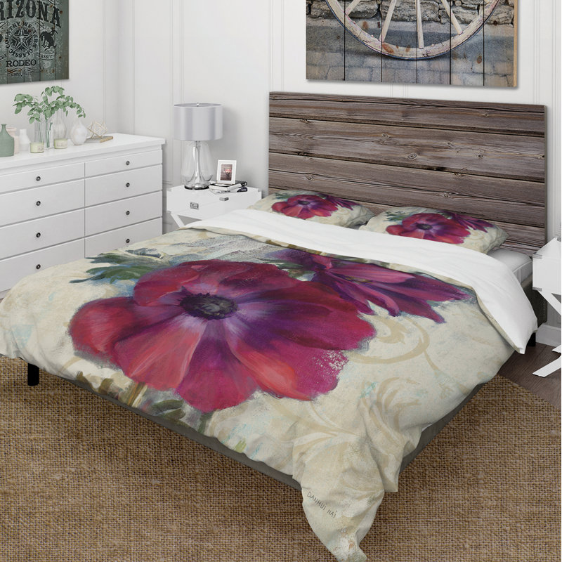 Ensemble de housse de couette fleur handpainted anemone, Housse de couette très grand + 2 taies décoratives