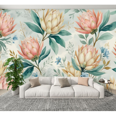 Papier peint adhésif peluches, pivoines, artichauts et roses tendres, vertes, bleues, H 100 po x l 144 po, papier mural amovible en PVC, autocollant, pour chambre, salon, bureau à domicile