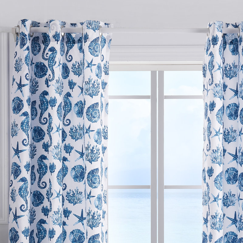 Ocean Blue Seashell Print Light-Filtering Polyester Window Panels