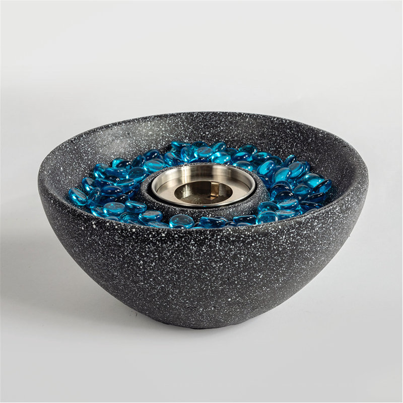 Black Concrete Tabletop Fire Pit with Blue Glass Beads