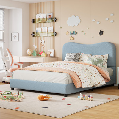 Bed Frame For Kids With Velvet Upholstered Headboard, Cute Low Profile Platform Bed