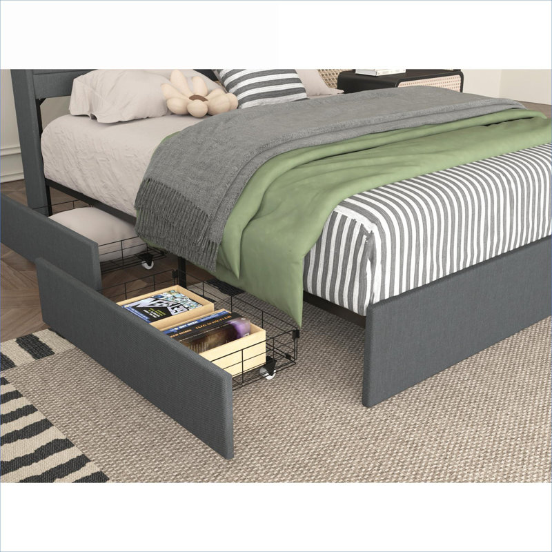 Storage Queen Size Upholstered Platform Bed Frame, MDF and Metal Construction, Classic Gray With Built-In LED Lights and Charging Station