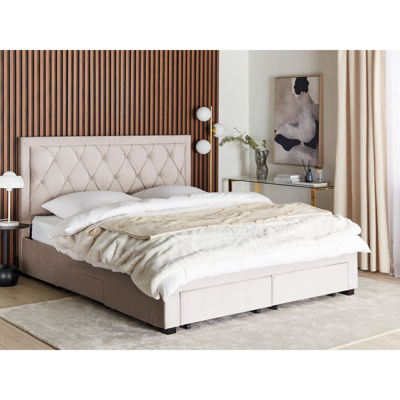 Mansi Upholstered Velvet Drawers Bed, Super King (6') (180x200 cm), Beige