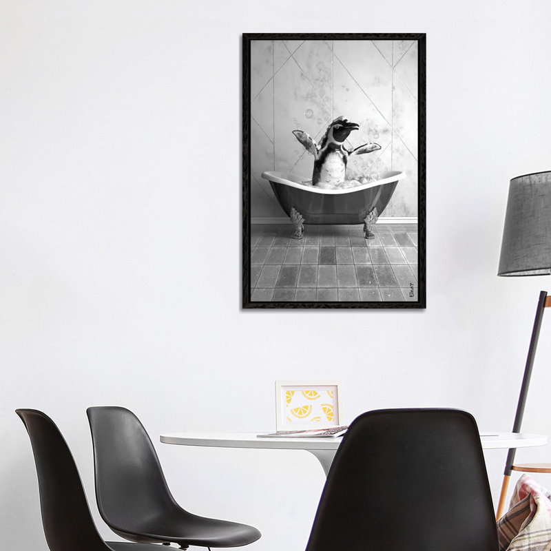 Penguin In Tub by Jauffrey Philippe - Gallery-Wrapped Canvas Giclée on Canvas, Black Floater Framed