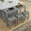 Ensemble de table de bar 4 pièces 59 pouces avec centre de charge, 3 tabourets rembourrés, structure en bois massif, gris doux
