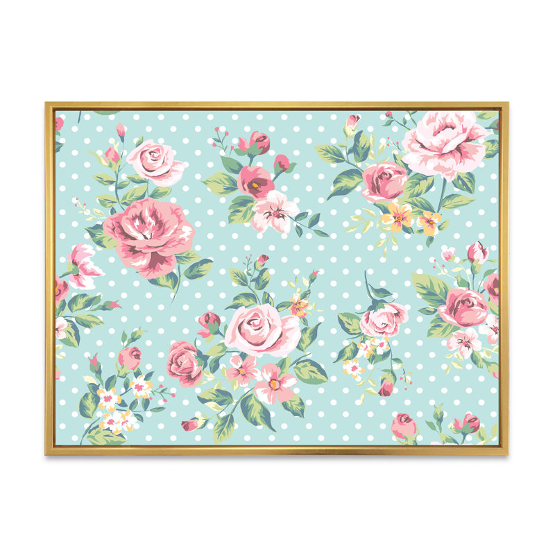 Roses roses rétro sur fond bleu clair - reproduction sur toile, H 16 po x l 32 po, Cadre flottant doré