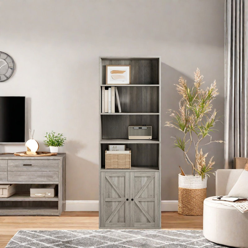 Bibliothèque haute, 6 tablettes en bois, Gris