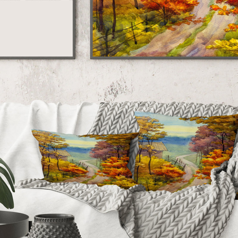 Housse de coussin et insert carré Little Road in Vibrant Autumn Scene, 16" x 16"