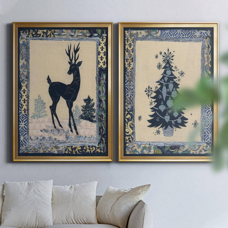 " Deer Silhouette " 2 - Pieces, Gold Framed Canvas, No Mat, 24" H x 18" W x 1" D